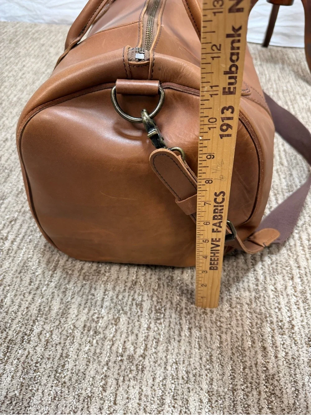 L.L. Bean Signature Cognac Brown Leather‎ Travel Duffle Weekender Canvas Lined